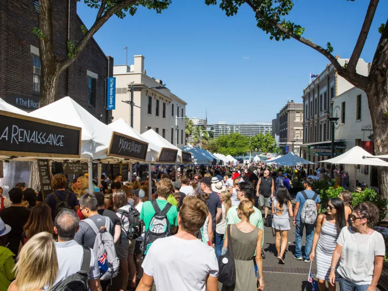 Crowds out for lunch at the Foodie Markets, The Rocks.