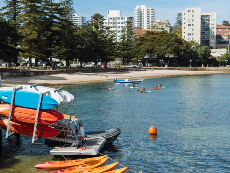 Kayaks lined up on the shoreline near Manly Kayak Centre, Manly.