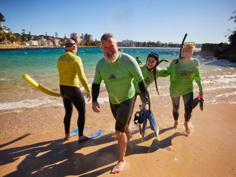 A group of snorkellers swimming in the clear waters of Shelly Beach, exploring marine life in the Cabbage Tree Bay Aquatic Reserve.