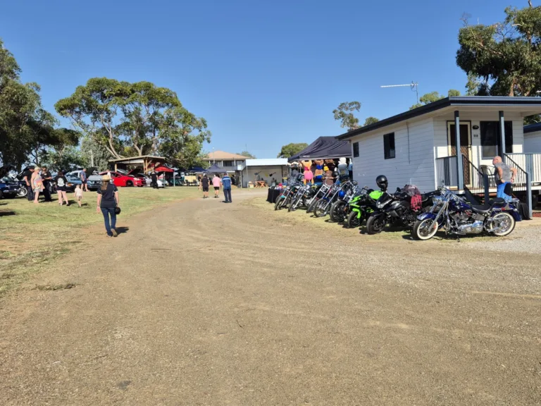A row of motorbikes parked during event.